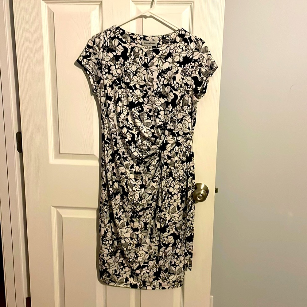 Black and white flower pattern dress.  Form fit but very flattering in stomach.